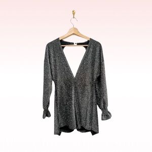 Silver Metallic Plunge Long Sleeve Romper (Sz S)